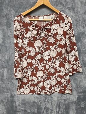 Chico's Brown and Cream Floral Tie-Neck Top